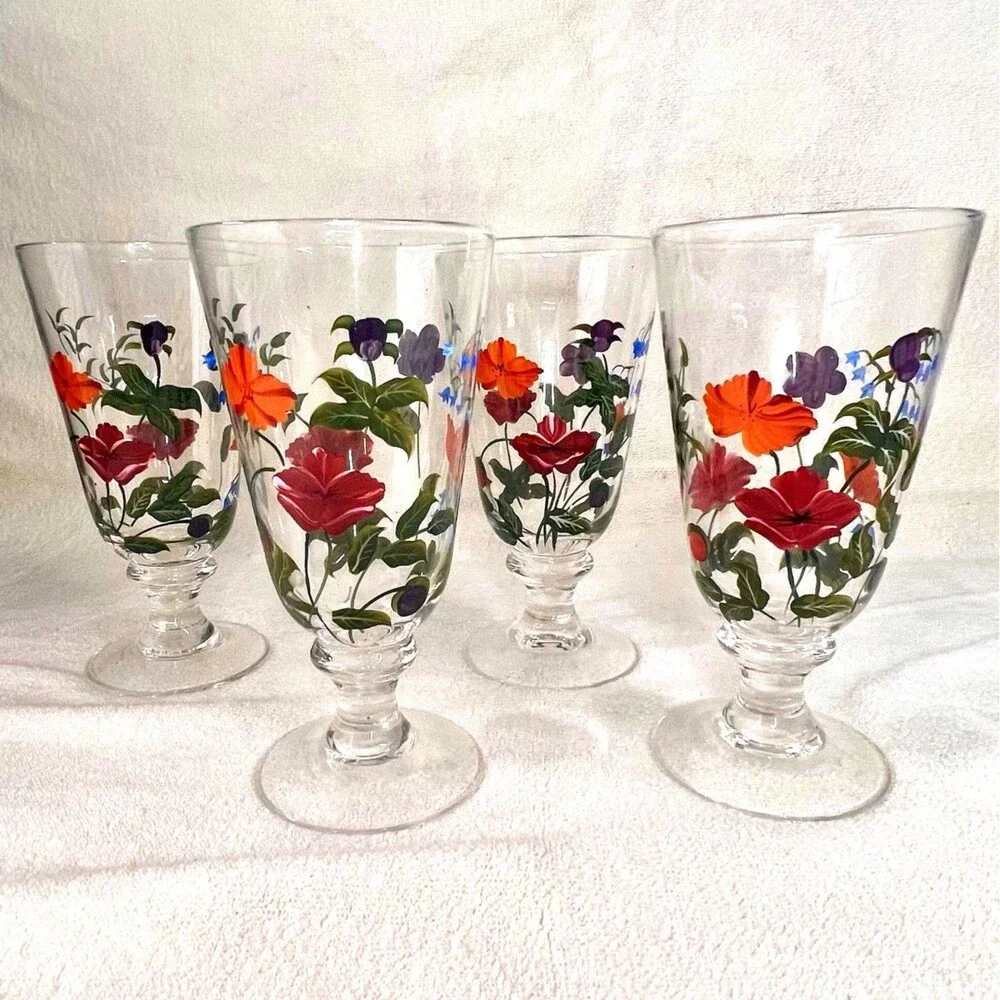Vintage Hand Painted Enamel 8” Goblets Glasses Wine Water Iced Tea Flowers